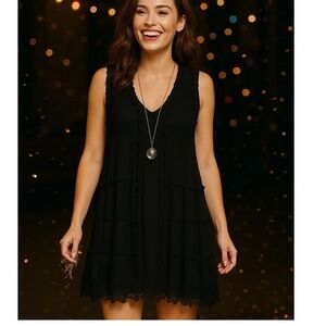 Sleeveless Black Tunic Top with Crochet Lace Trim - Flowy Casual
